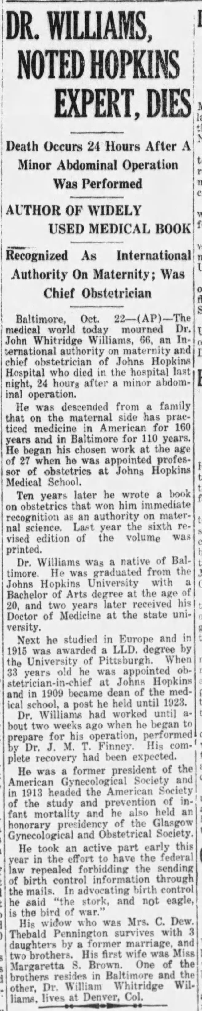 Dr. Williams, Noted Hopkins Expert, Dies; 22 Oct 1931; The Salisbury Times; 1