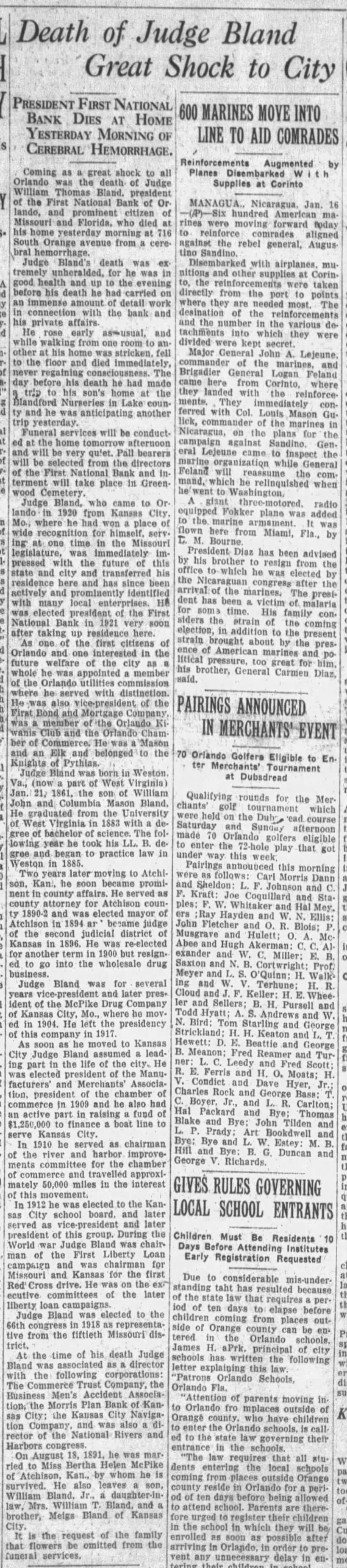 Death of Judge Bland Great Shock to City; 16 Jan 1928; Orlando Evening Star; 1
