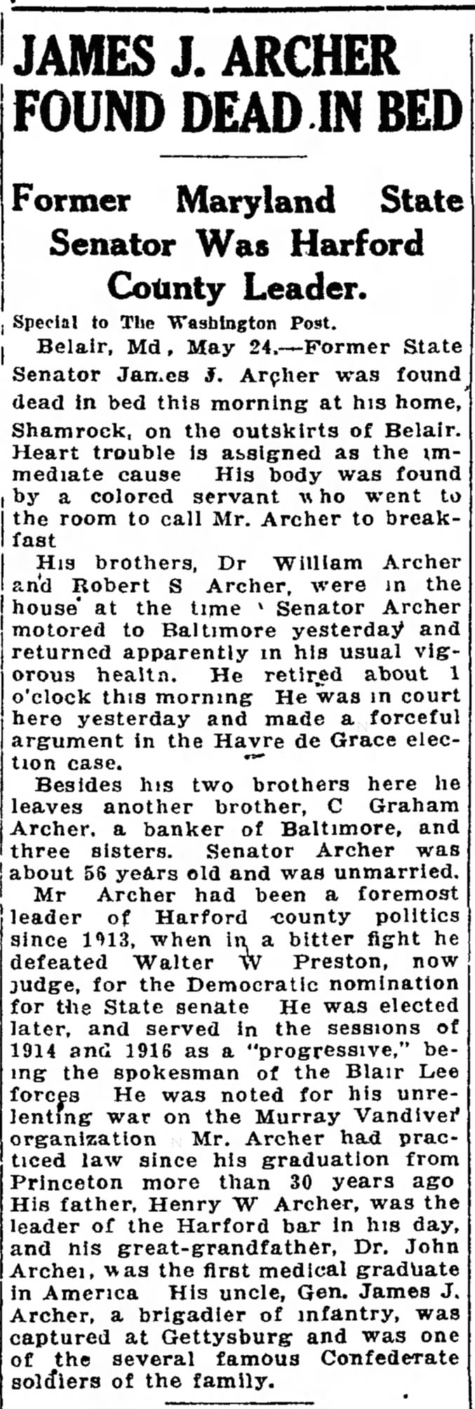James J. Archer Found Dead in Bed; 25 May 1921; The Washington Post; 3