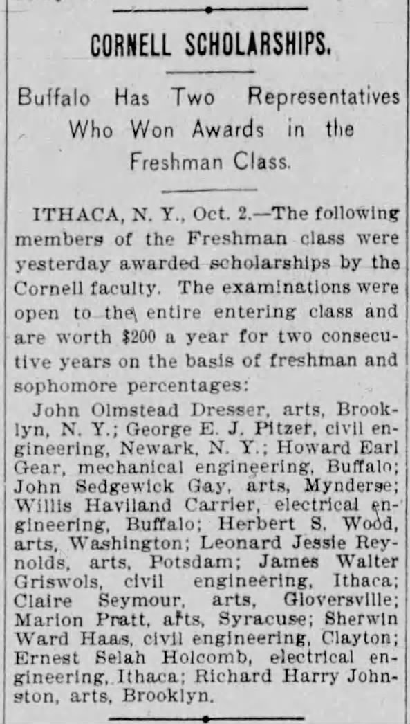 Cornell Scholarships; 2 Oct 1897; Buffalo Evening News; 4