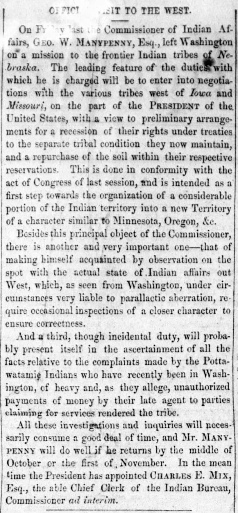 Official Visit to the West; 27 Aug 1853; Weekly National Intelligencer; 2