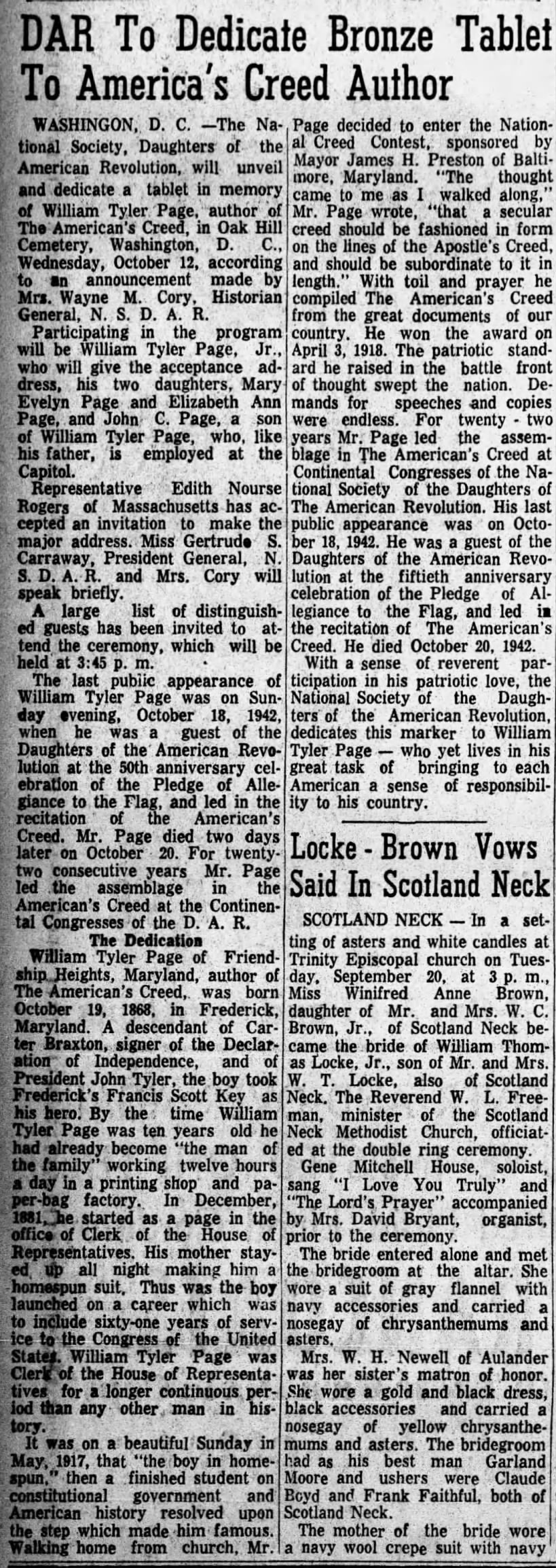 DAR To Dedicate Bronze Tablet To America's Creed Author; 30 Sep 1955; Rocky Mount Telegram; 6