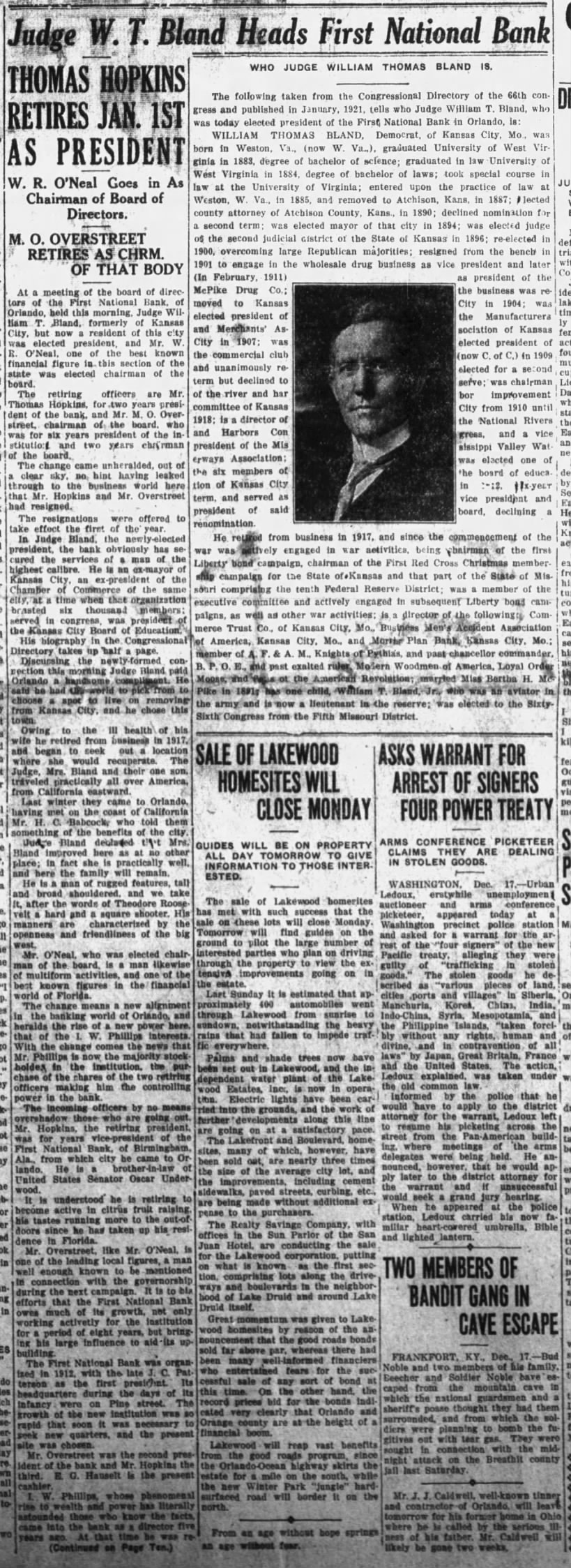Judge W. T. Bland Heads First National Bank; 17 Dec 1921; Orlando Evening Star; 1