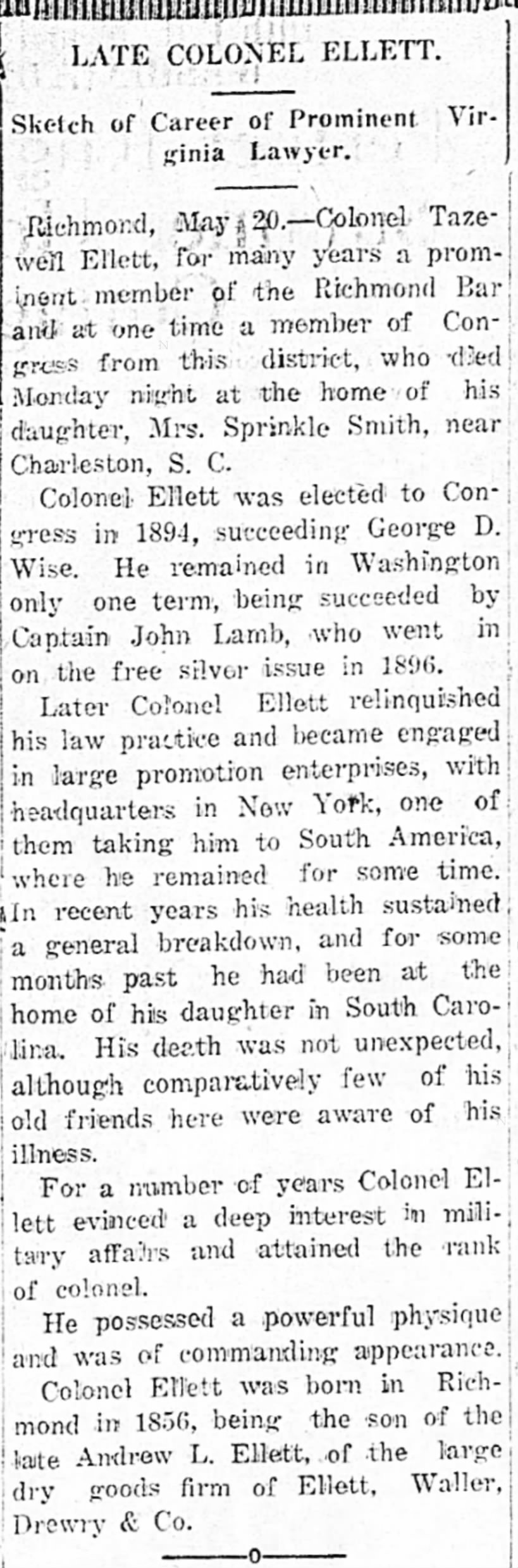 Late Colonel Ellett; 20 May 1914; Alexandria Gazette; 3