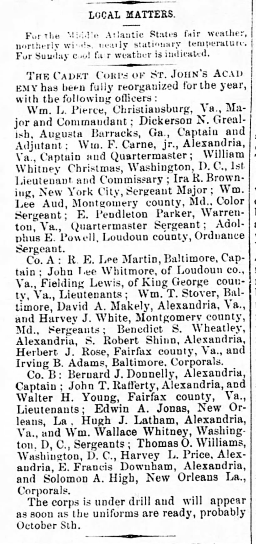 Local Matters; 13 Sep 1884; Alexandria Gazette; 3