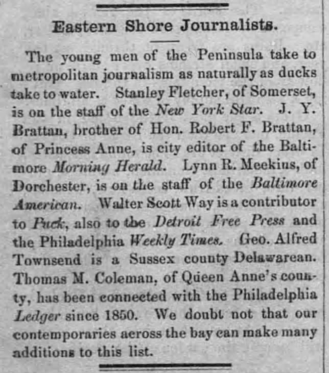 Eastern Shore Journalists; 15 May 1886; The Democratic Advocate; 2
