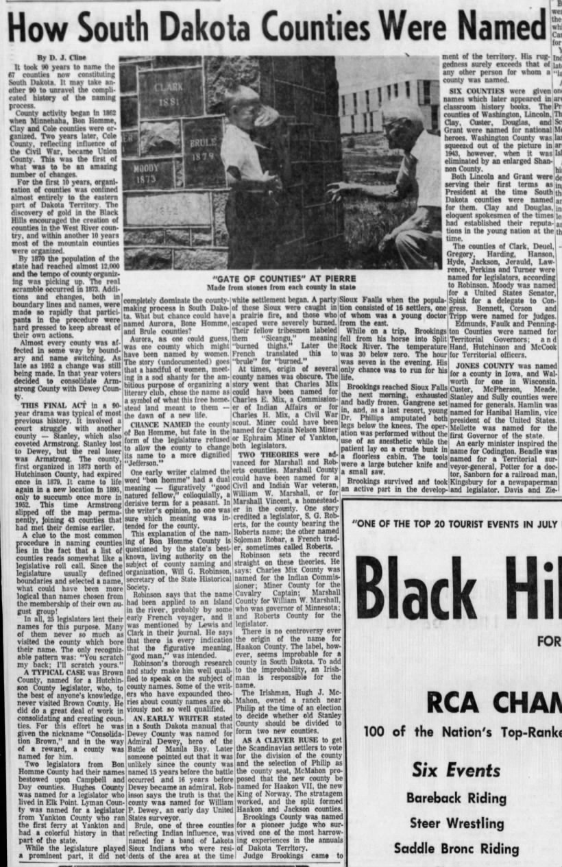 How South Dakota Counties Were Named; 2 Jul 1967; Rapid City Journal; 4