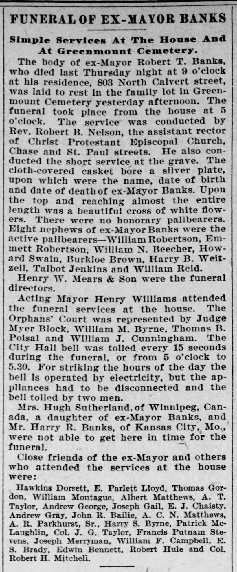 Funeral of Ex-Mayor Banks; 12 Aug 1901; The Baltimore Sun; 10