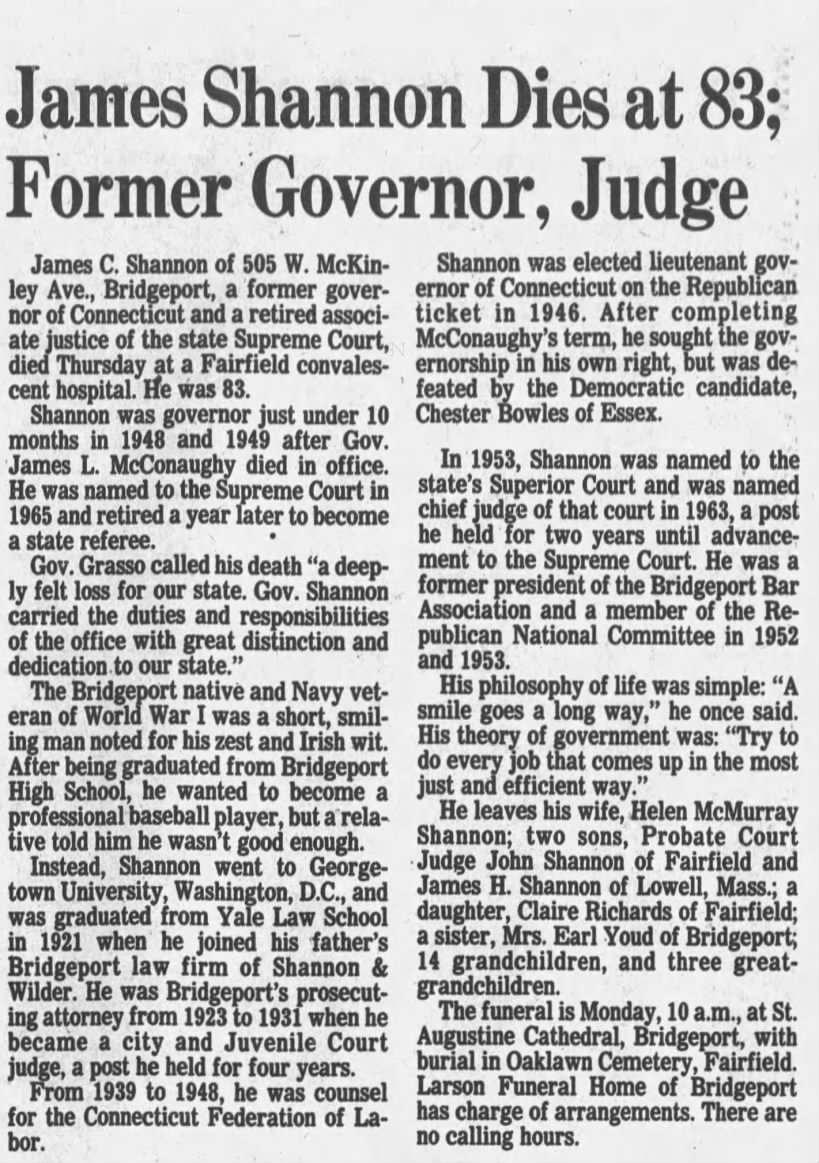 James Shannon Dies at 83; Former Governor, Judge; 8 Mar 1980; Hartford Courant; 4
