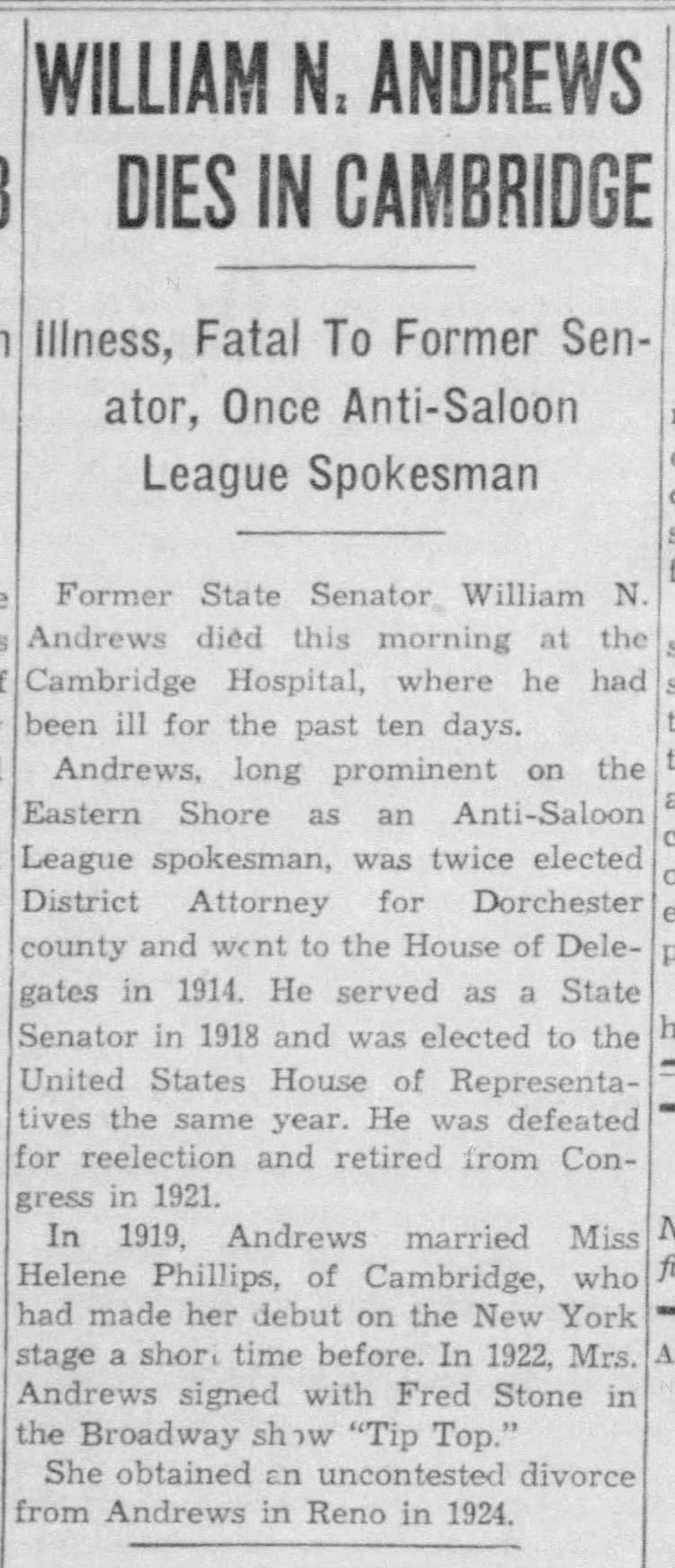 William N. Andrews Dies in Cambridge; 27 Dec 1937; The Evening Sun; 27