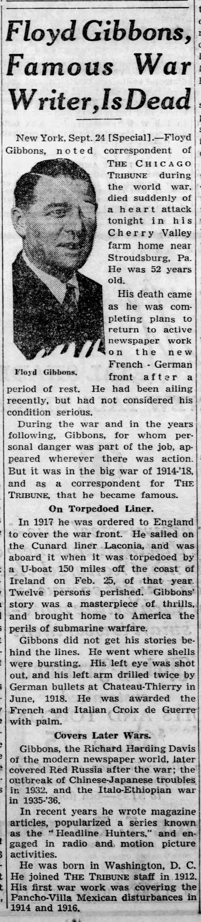Floyd Gibbons, Famous War Writer, Is Dead; 25 Sep 1939; Chicago Tribune; 1
