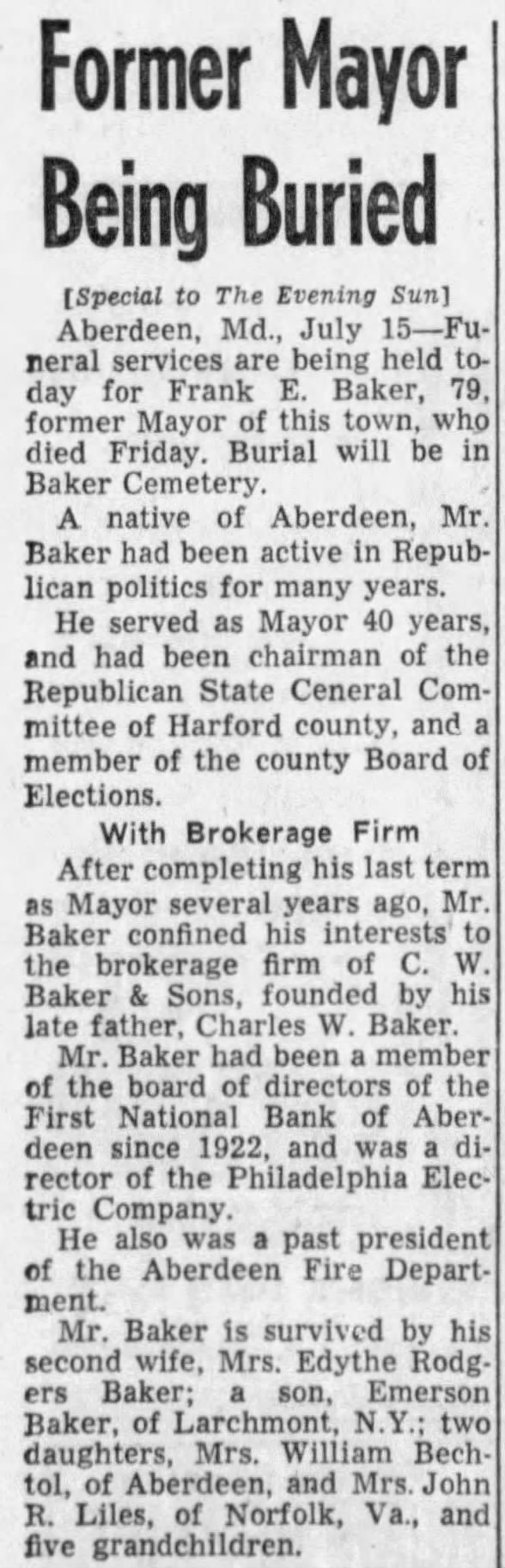 Former Mayor Being Buried; 15 Jul 1957; The Evening Sun; 4