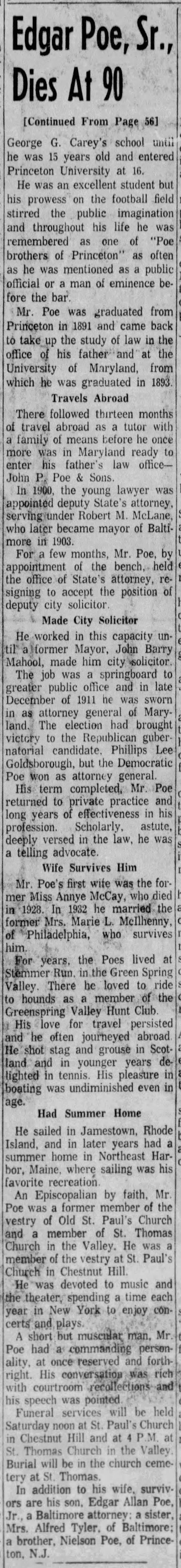 Edgar Poe, Sr., Dies At 90; 30 Nov 1961; The Evening Sun; 42