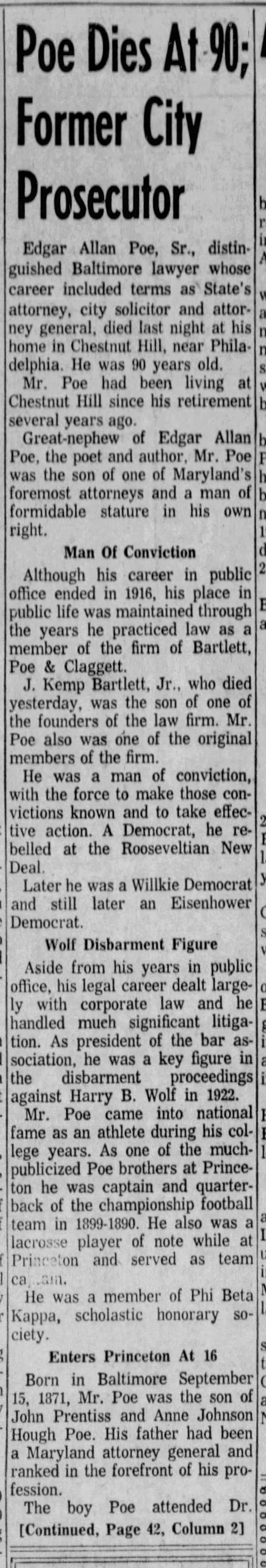Poe Dies At 90; Former City Prosecutor; 30 Nov 1961; The Evening Sun; 56