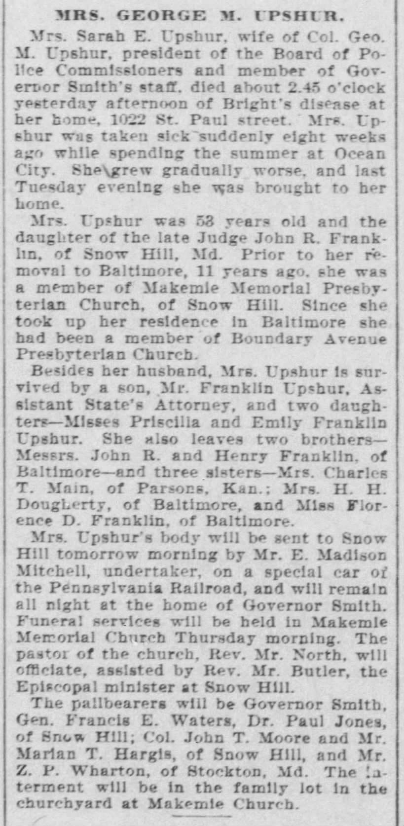 Mrs. George M. Upshur; 15 Sep 1903; The Baltimore Sun; 12