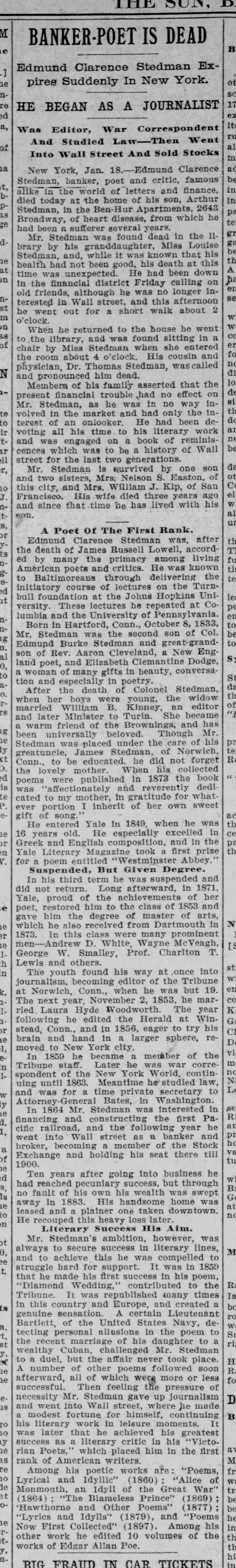 Banker-Poet is Dead; 19 Jan 1908; The Baltimore Sun