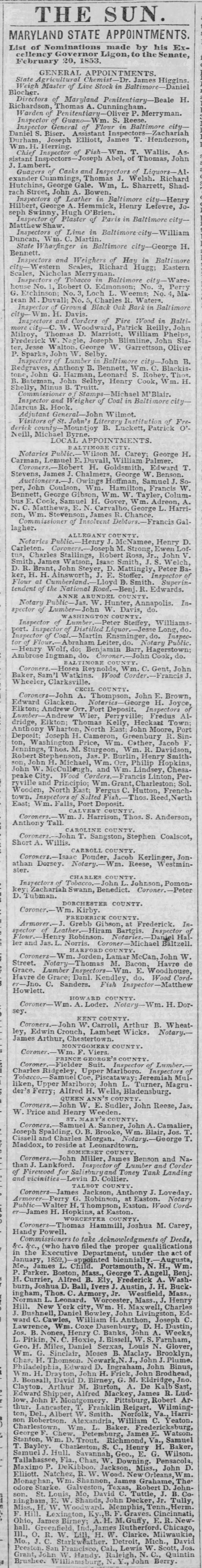 Maryland State Appointments; 23 Feb 1854; The Baltimore Sun; 1