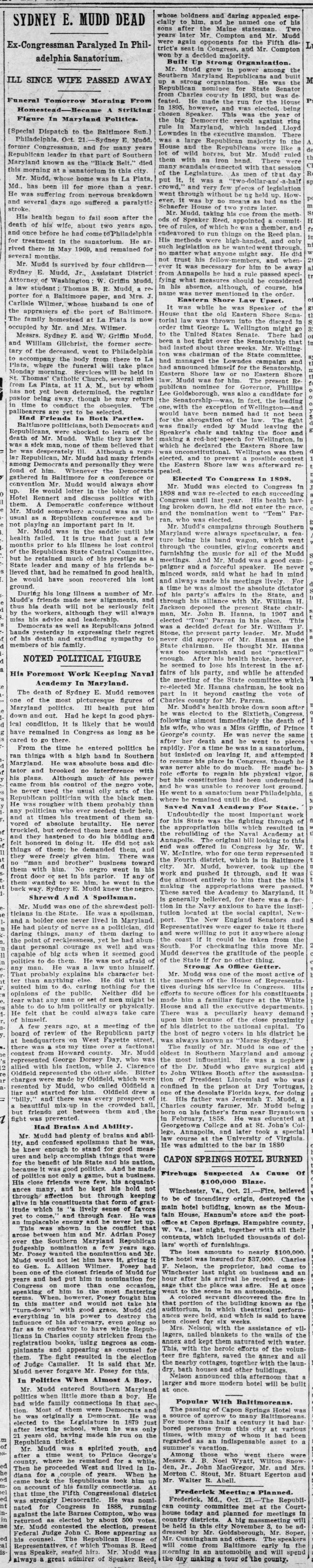 Sydney E. Mudd Dead; 22 Oct 1911; The Baltimore Sun; 10