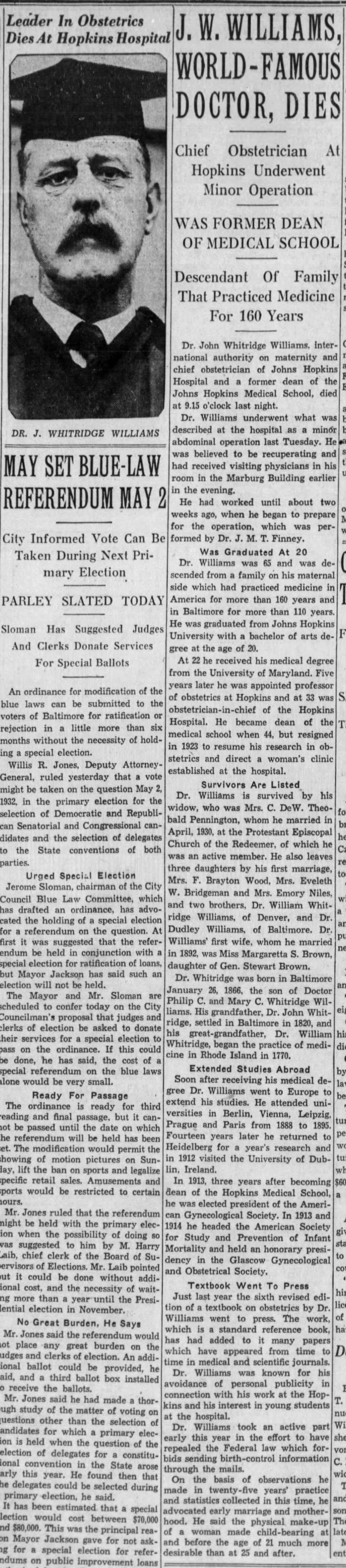 J. W. Williams, World-Famous Doctor, Dies; 22 Oct 1931; The Baltimore Sun; 24