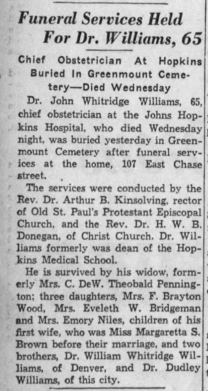 Funeral Services Held for Dr. Williams, 65; 24 Oct 1931; The Baltimore Sun; 14
