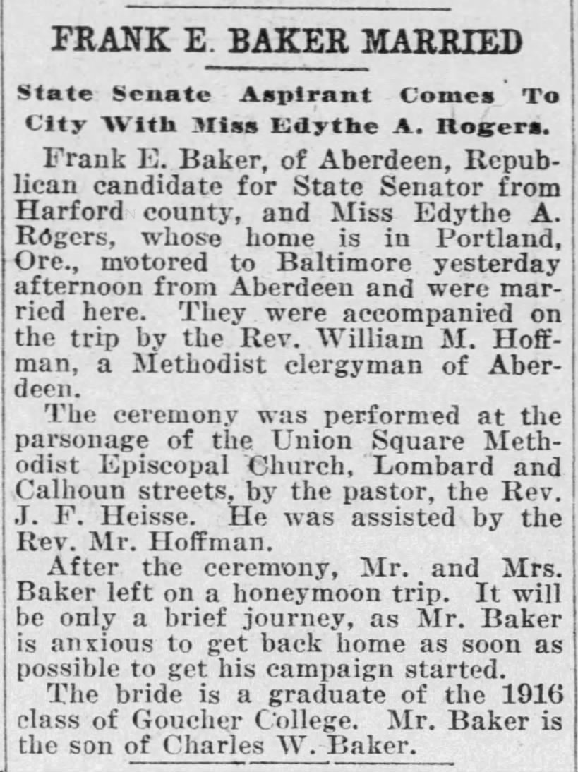 Frank E. Baker Married; 12 Oct 1917; The Baltimore Sun; 4