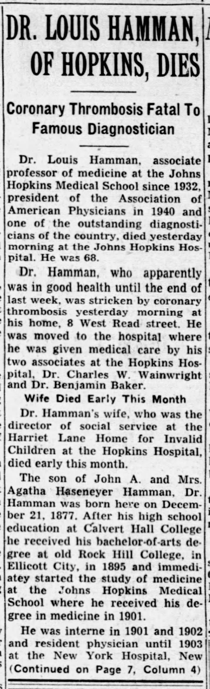 Dr. Louis Hamman, of Hopkins, Dies; 29 Apr 1946; The Baltimore Sun; 24