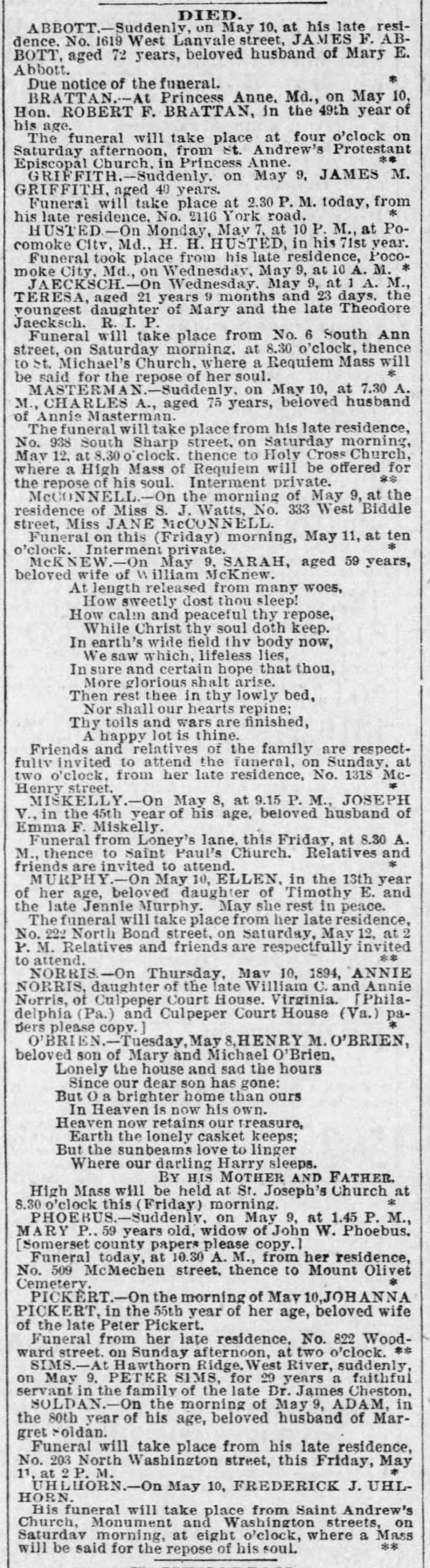Died; 11 May 1894; The Baltimore Sun; 4