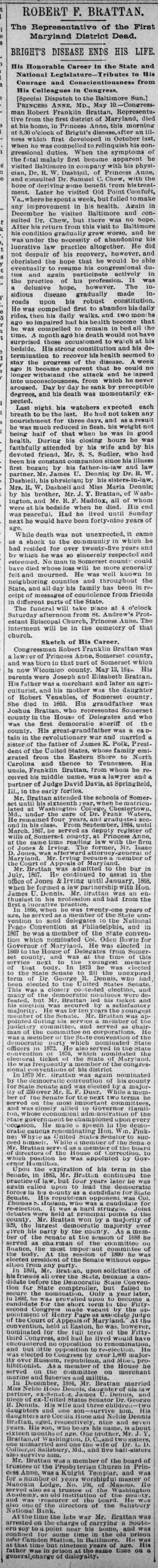 Robert F. Brattan; 11 May 1894; The Baltimore Sun; 6