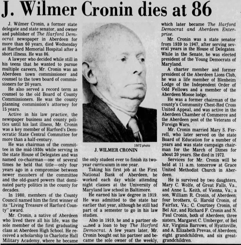 J. Wilmer Cronin dies at 86; 30 Apr 1982; The Baltimore Sun; C12