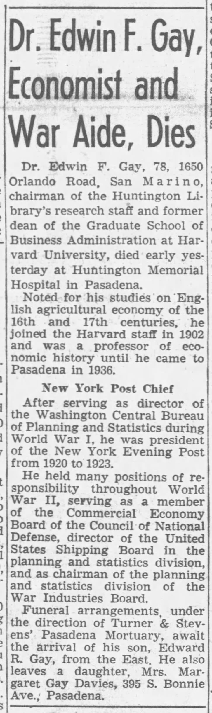 Dr. Edwin F. Gay, Economist and War Aide, Dies; 9 Feb 1946; Los Angeles Times; 1