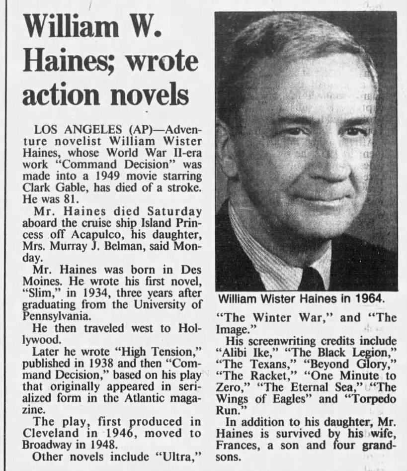 William W. Haines; wrote action novels; 22 Nov 1989; Chicago Tribune; 12