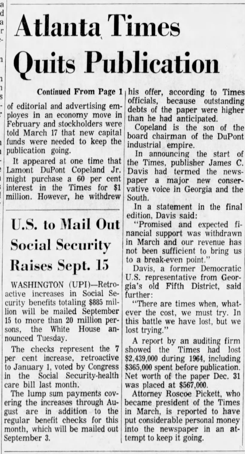 Atlanta Times Quits Publication; 1 Sep 1965; The Atlanta Constitution; 8