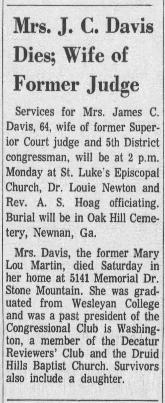 Mrs. J. C. Davis Dies; Wife of Former Judge; 24 Nov 1969; The Atlanta Constitution; 10-B