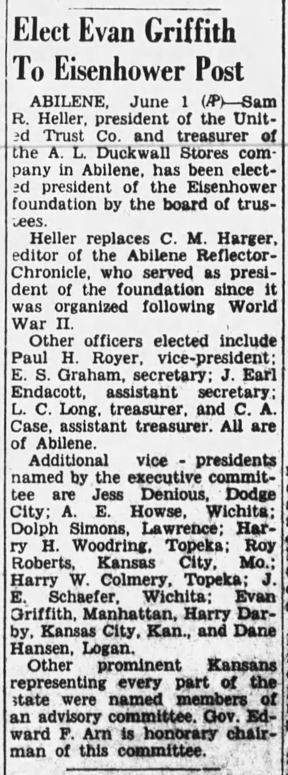 Elect Evan Griffith To Eisenhower Post; 1 Jun 1951; The Manhattan Mercury; 1