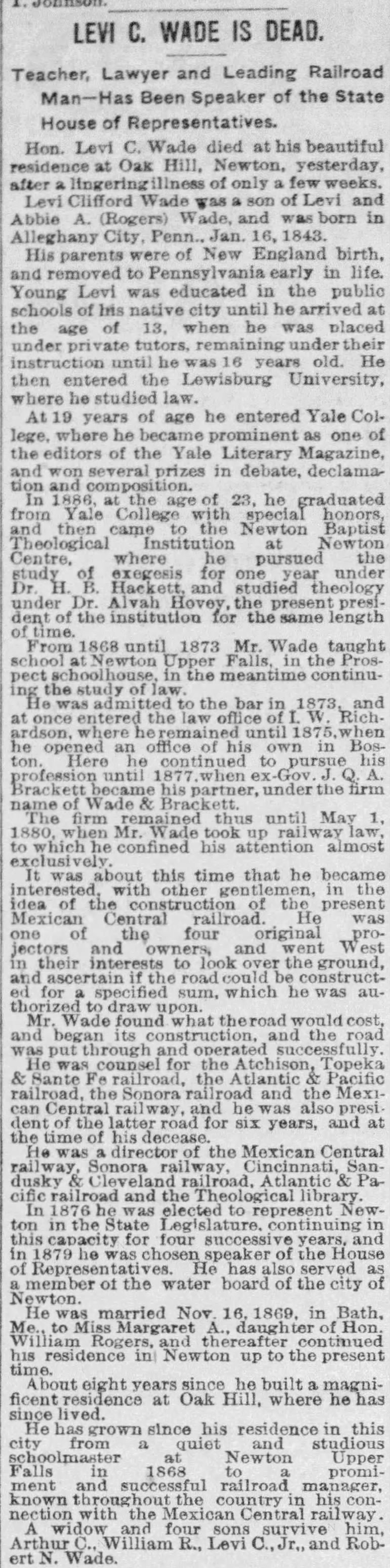 Levi C. Wade is dead; 22 Mar 1891; The Boston Globe
