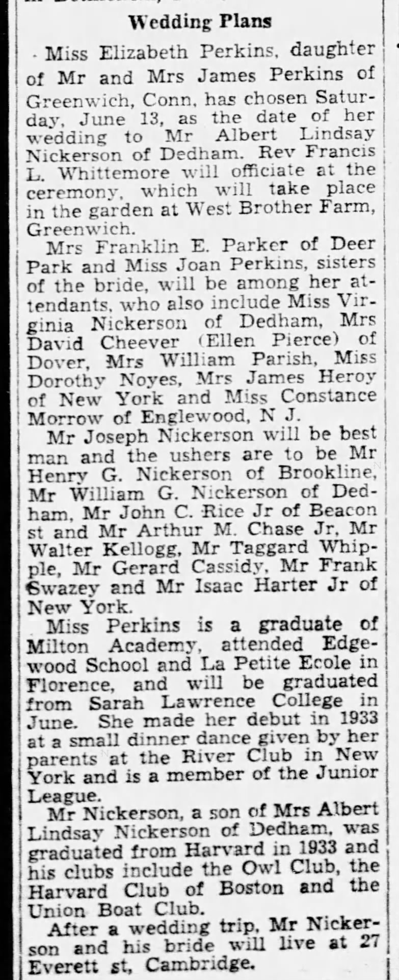 Wedding Plans; 30 Apr 1936; The Boston Globe