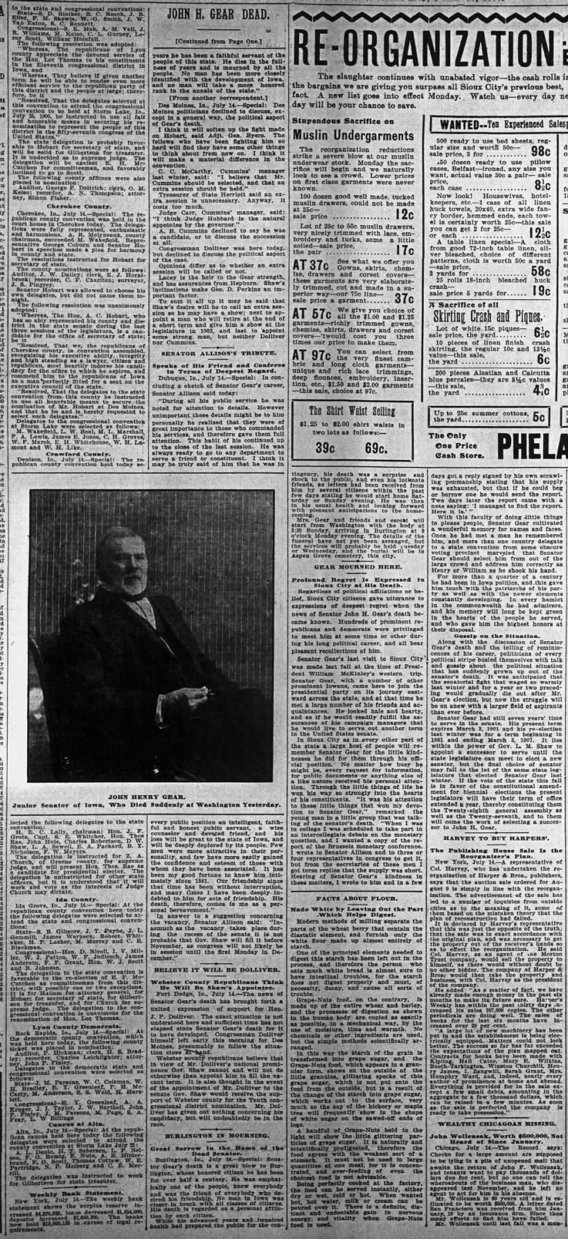 John H. Gear Dead; 15 Jul 1900; Sioux City Journal; 3