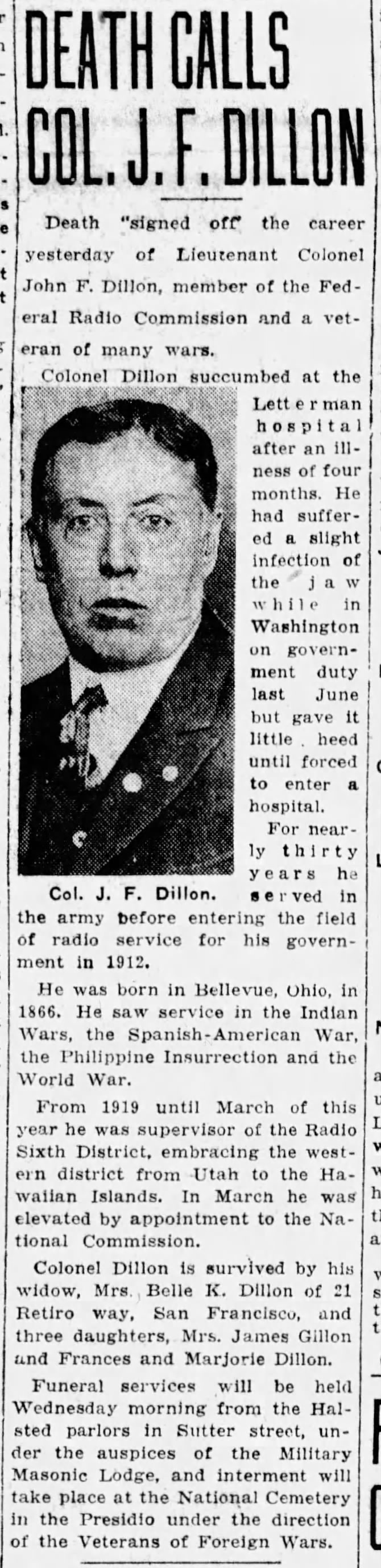 Death Calls Col. J. F. Dillon; 10 Oct 1927; The San Francisco Examiner; 1