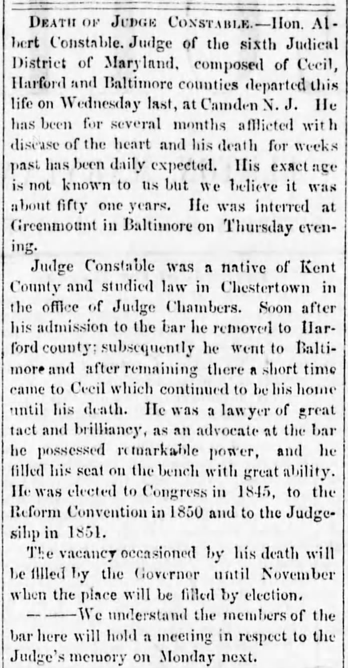 Death of Judge Constable; 25 Aug 1855; The Cecil Whig; 2