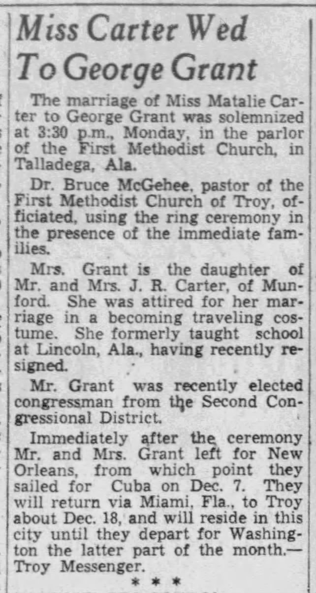Miss Carter Wed To George Grant; 11 Dec 1938; The Birmingham News; 8