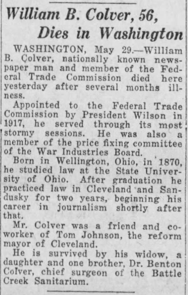 William B. Colver, 56, Dies in Washington; 29 May 1926; The Evening News; 18