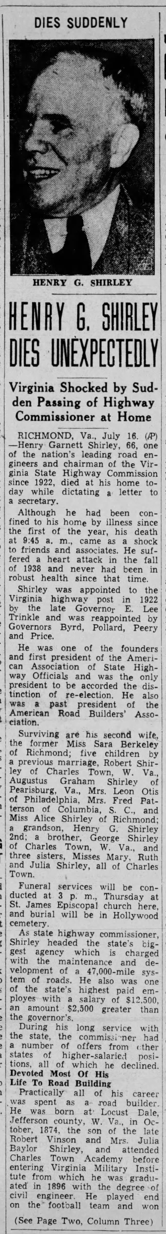 Henry G. Shirley Dies Unexpectedly; 17 Jul 1941; The Bristol Herald Courier; 1