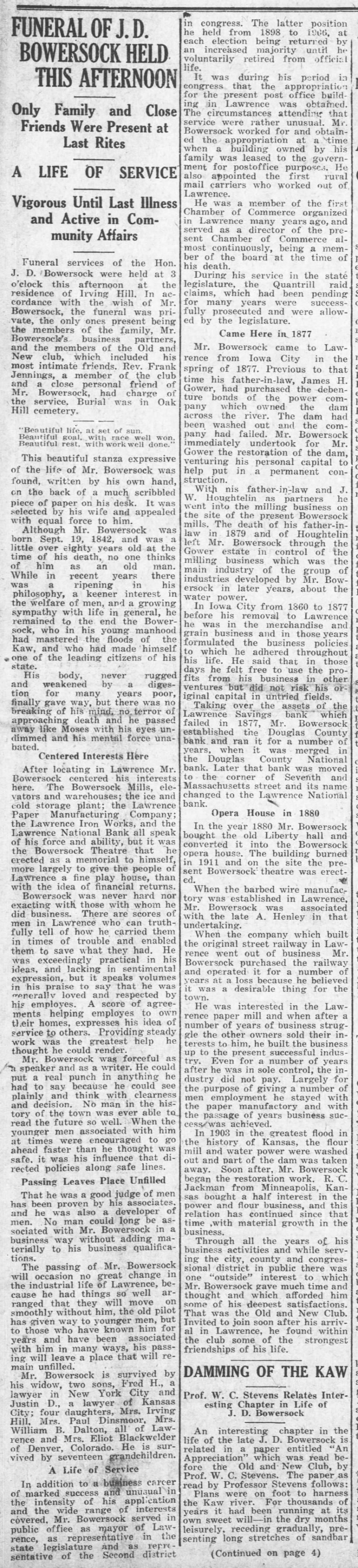 Funeral of J. D. Bowersock Held This Afternoon; 28 Oct 1922; Lawrence Daily Journal-World; 1