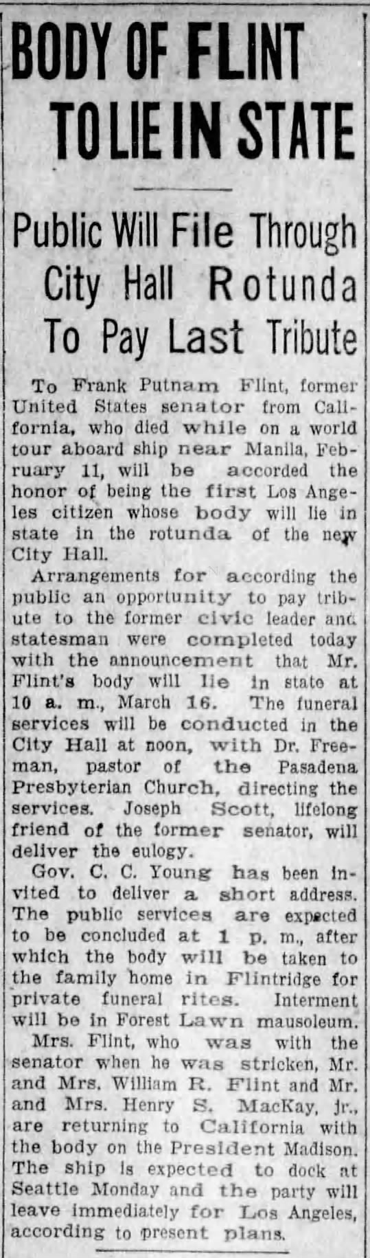 Body of Flint To Lie in State; 9 Mar 1929; Los Angeles Evening Express; 3