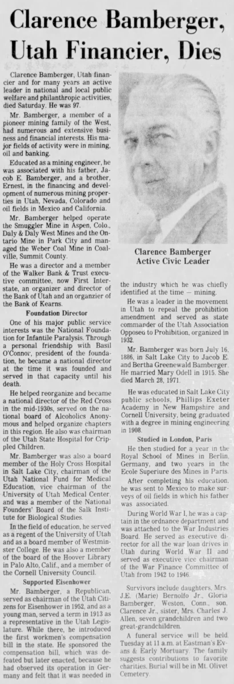 Clarence Bamberger, Utah Financier, Dies; 19 Feb 1984; The Salt Lake Tribune; 23