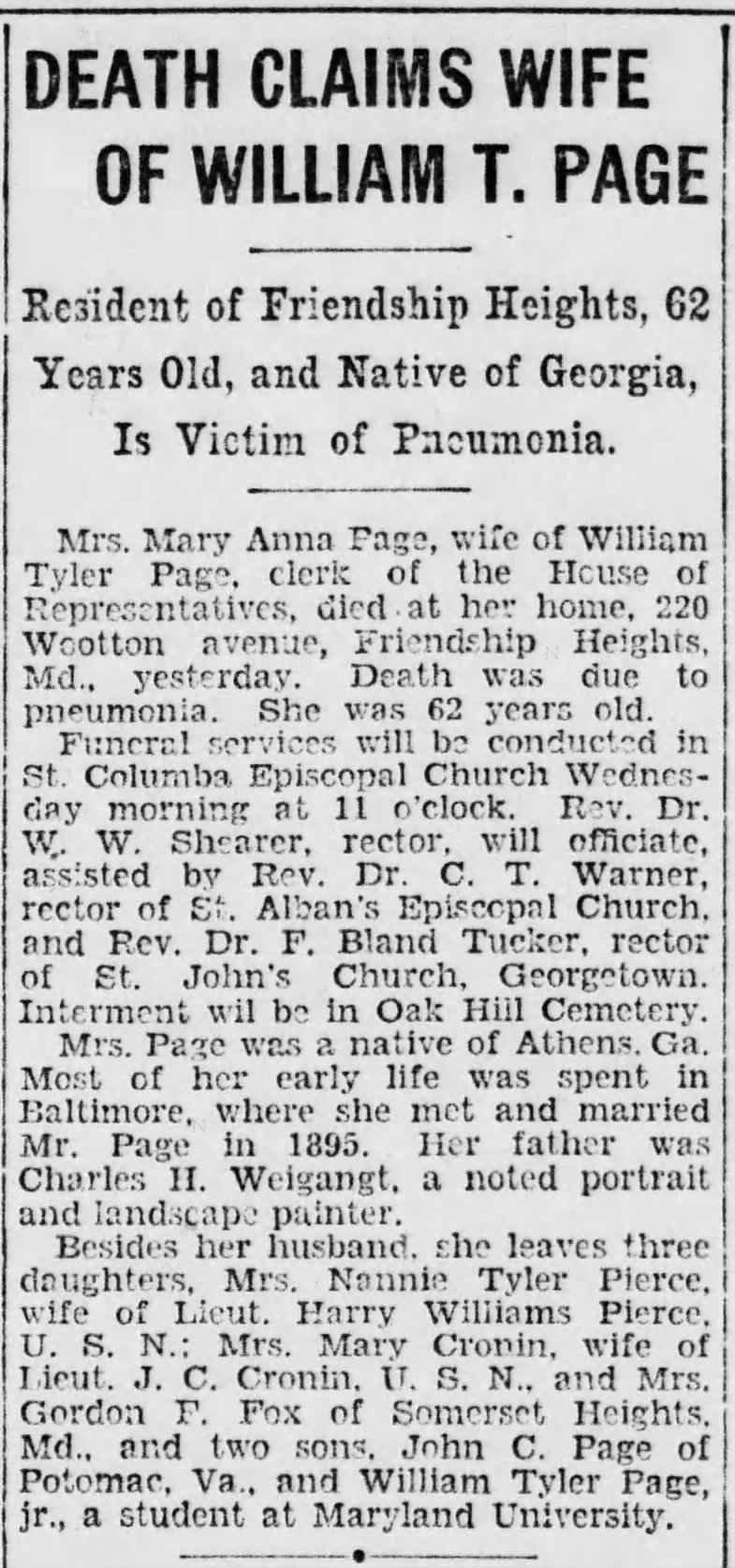 Death Claims Wife of William T. Page; 11 Mar 1929; Evening Star; 9