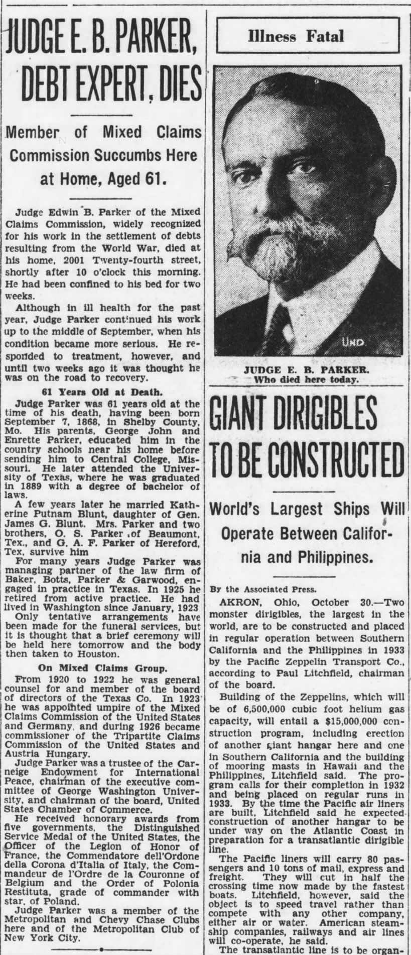 Judge E. B. Parker, Debt Expert, Dies; 30 Oct 1929; The Evening Star; 1