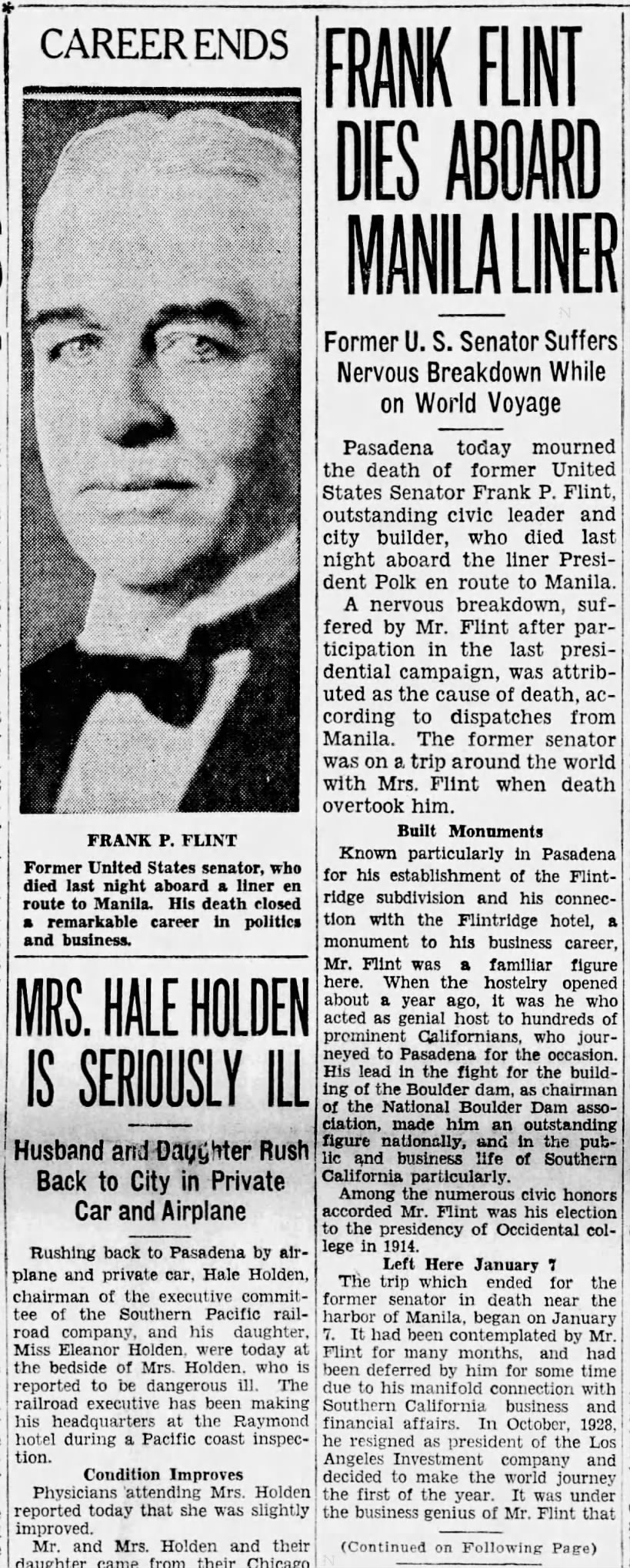Frank Flint Dies Aboard Manila Liner; 12 Feb 1929; The Pasadena Post; 1