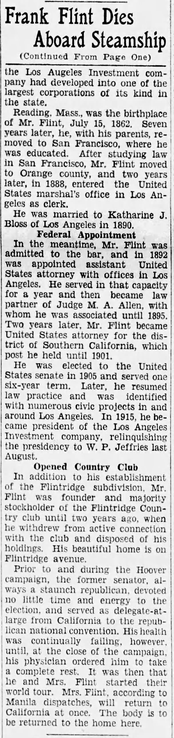 Frank Flint Dies Aboard Steamship; 12 Feb 1929; The Pasadena Post; 2