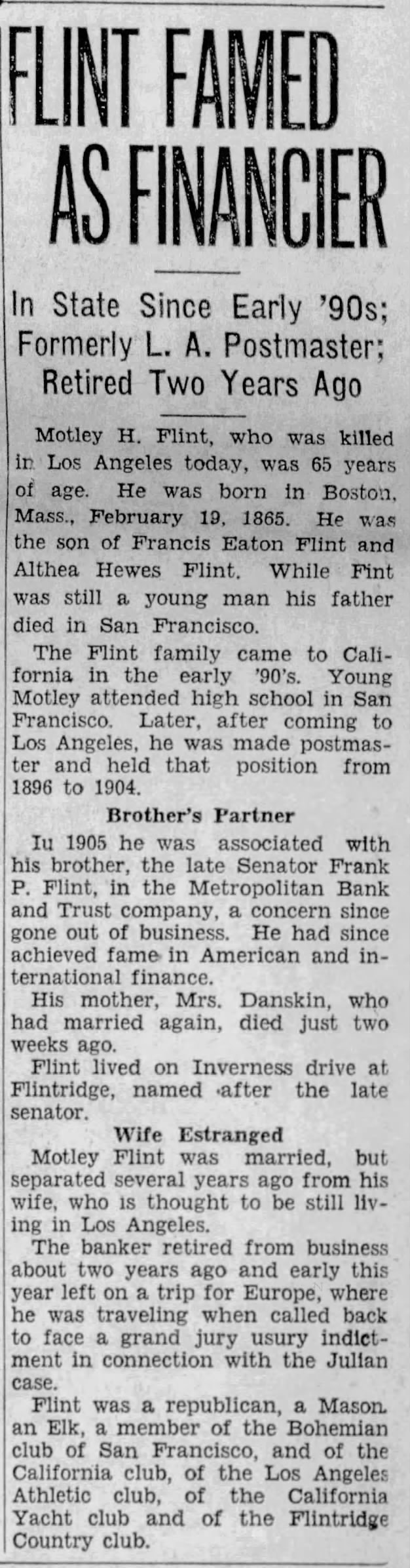 Flint Famed As Financier; 14 Jul 1930; The Pasadena Post; 1
